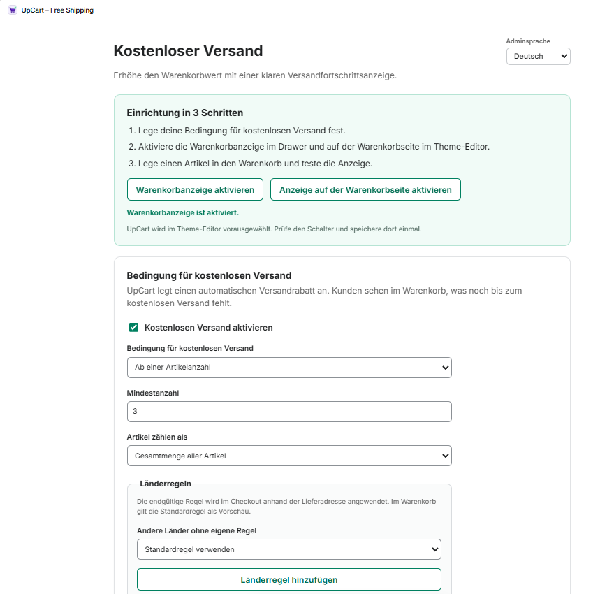 UpCart Free Shipping – Einrichtung und kostenloser Versand